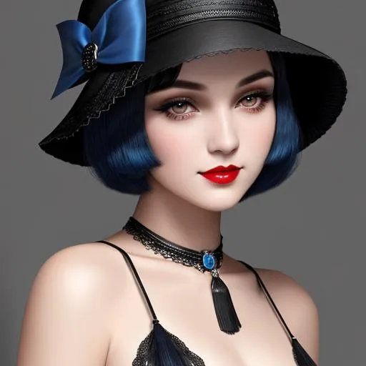 Prompt: a pretty girl  dressed in blue,  dark black hair, flapper, wearing a hat 1920's era, bob hair cut, 1920's era makeup, facial closeup