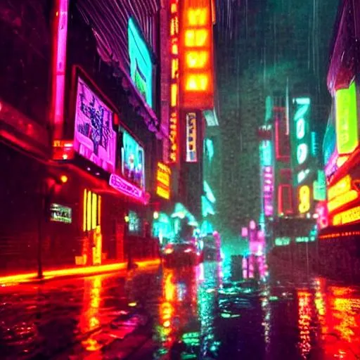 Prompt: blade runner city overlook neon rain