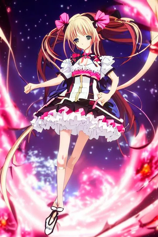 Prompt: anime, (masterpiece), best quality, expressive eyes, perfect face, full body, 1girl, pink haired fourteen years old girl, dressed in a frilly black and pink dress, wielding a black hunting bow, black and red chocker with a pink gem, short pink hair, pink eyes, short twintails, black hair ribbons, black stockings, red Mary Jean shoes, sad expression, tears,