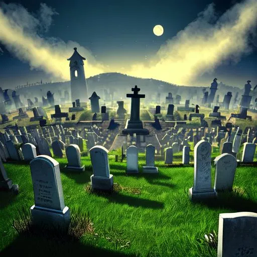 Prompt: high-res, quality upscaled image, perfect composition, 18k composition, 16k, 2D image, cell shaded, features, graveyard, cemetery, bird's eye view, overhead graveyard, graveyard fantasy, spooky cemetery, nighttime, spooky, cemetery, bones, skeleton, scary, gravestones, worn down, old, tathered, moon out, bats, vampire bats, ghosts, bats in sky