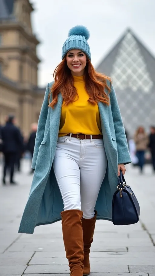 Prompt: (Stunning olive-skin French woman), walking on a (crisp winter day) in (Paris), with (The Louvre Pyramid) in the background, showcasing her elegant charm and beauty, warm friendly smile, (silky auburn-cinnamon hair), wearing a chic (light blue knit pom), fashionable outfit with a (sky-blue & yellow tweed coat), bright (yellow blouse), stylish (white high-waisted jeans), and (tall brown suede boots), navy purse, featuring curvy figure, captured in (photorealistic 8k), emphasizing (high detail & quality). The ambiance is (charming) and (elegant).