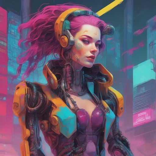 Prompt: A vibrantly and brightly coloured and colourful and beautiful head to toe Persephone as a cyberpunk woman with a robot arm, with gas for hair in a painted style