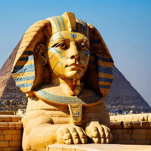 Prompt: A very meticulously sculpted Great Sphinx of Giza carved from a single limestone outcrop, featuring a lion's body painted in shades of ochre and a human head adorned with a vibrantly striped nemes headdress in hues of blue and gold. The face resembles Pharaoh Khafre and possesses finely chiseled features. The eyes are accentuated, symmetrical, inlaid with precious stones, and eternally gaze towards the horizon. The Sphinx is set against a desert backdrop and is surrounded by a small temple and a causeway leading to a nearby pyramid complex. Ensure the best resolution and high quality of the image.