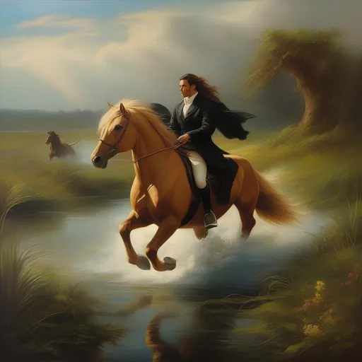 Prompt: fantasy art, Victorian oil painting, An Alligator-Lion-Horse Hybrid, galloping through a mire, 