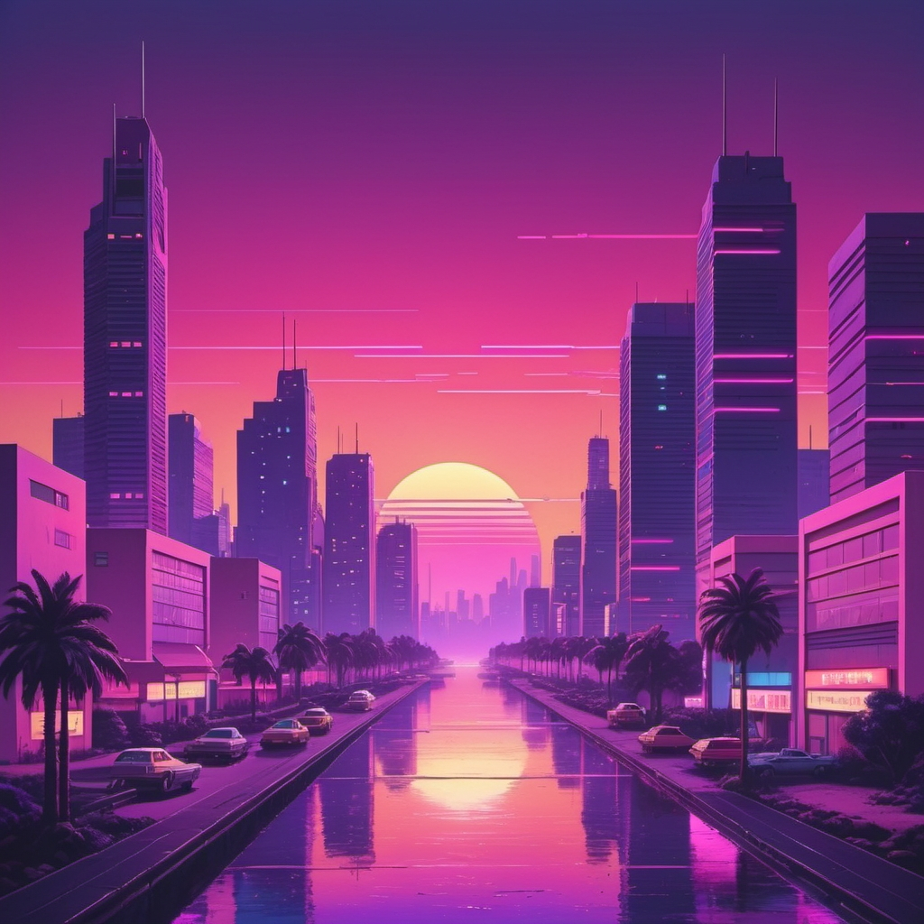 a retrowave city landscape at sunset, 1980s feeling,...