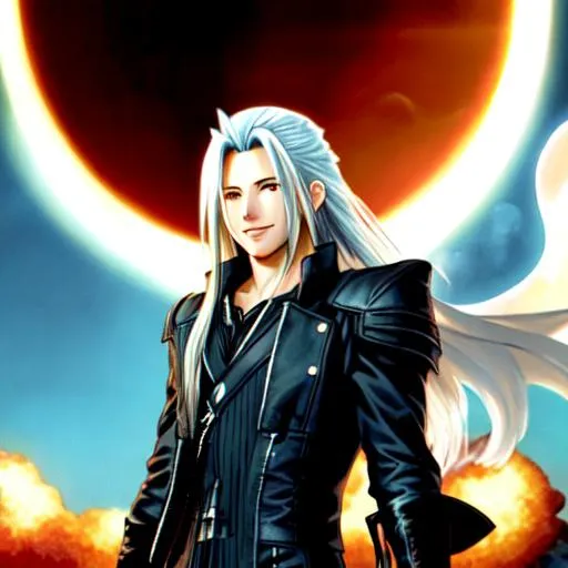 Prompt: Sephiroth standing in front of a nuclear explosion while smiling innocently