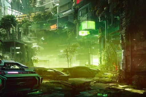 Prompt: green photo environment cyberpunk garden : 4, 4 k rtx hdr volume light environment digital illustration green style cyberpunk 2 0 7 7 artstation artur tarnowski, mihai muscan, marcin tomalak, marta leydy, marcin stepien, charlotte hughes, zuzanna dabrowa neon bioluminiscence, green color
