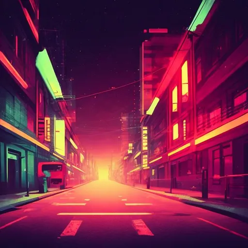 Prompt: street background, retro, dark, synth, focus, high quality