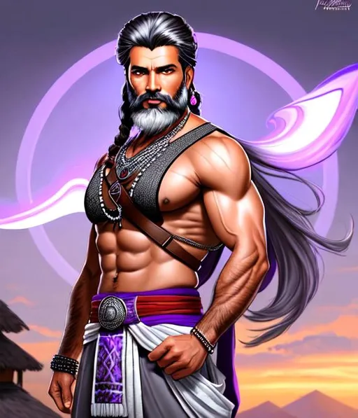 Prompt: Fullbody portrait of hritik roshan, 46 years old male, ponytail, sleeveless, grey hair, brown eyes, beard, indian village, ethereal, purple indian outfit, jewelry set,handsome, royal vibe, highly detailed, digital painting, Trending on artstation , HD quality, tan skin,artgerm, 