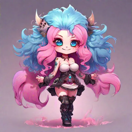 Prompt:  (((full body view))) chibi, Blue eyes, pink hair, smiling, fluffy hair, tattoos, necromancer, highly detailed, HD Quality, strong fluidity ultra hd texture flying fluffy hair, ((Sexy)), ((gigantic bust wide hips, minuscule waist, hard nipples)), ((barely clothed)), {{visible textured brush strokes}}, shadows, highlights, contrast, 

