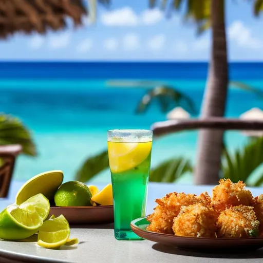 Prompt: "Generate an image of a scene at a tropical beach resort. The table should prominently feature a glass of exceptionally refreshing and sparkling lime juice with a vivid green color, made from bright green Tahiti lemons with ice cubes. Place the plate of beautifully presented breaded shrimp separately. Give particular emphasis to a glass serving dish filled with a diverse, colorful, and inviting tropical fruit salad with vibrant and beautiful fruits. Ensure the fruit salad is the focal point, radiating an atmosphere of freshness and vibrancy."" ultra hd, realistic, vivid colors, highly detailed, UHD drawing, pen and ink, perfect composition, beautiful detailed intricate insanely detailed octane render trending on artstation, 8k artistic photography, photorealistic concept art, soft natural volumetric cinematic perfect light"

