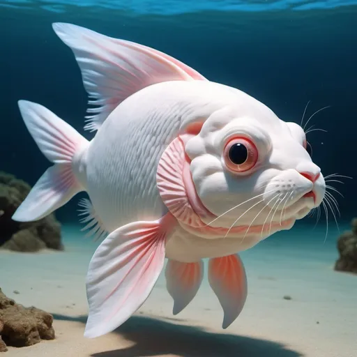 Prompt: A bunny fish, it is a mesmerized fantasy and invented animal blended mix of bunny and fish, swimming in the ocean