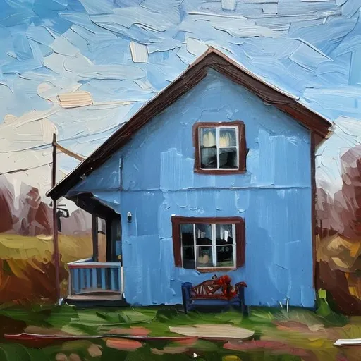 Prompt: A blue dog on the small house, oil paint style