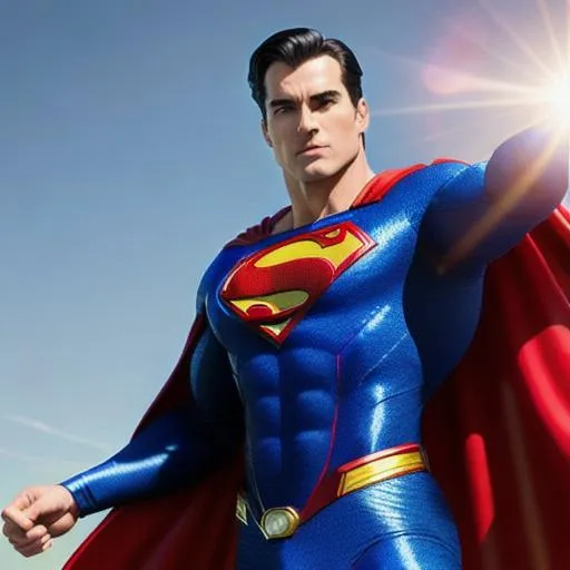 Prompt: Photorealistic Superman, Full Body Flying Action Pose, Hyperdetailed, Intricate Detail, Highly detailed face, Detailed Hands, Bright Sun Light, Rear Lit, Deep Colors, Realism, inspired by 1990's Superman, Kriptonian, Mid-30's Superman, Clean Shaven, Body Builder, Long Red Cape, Long Sleeve