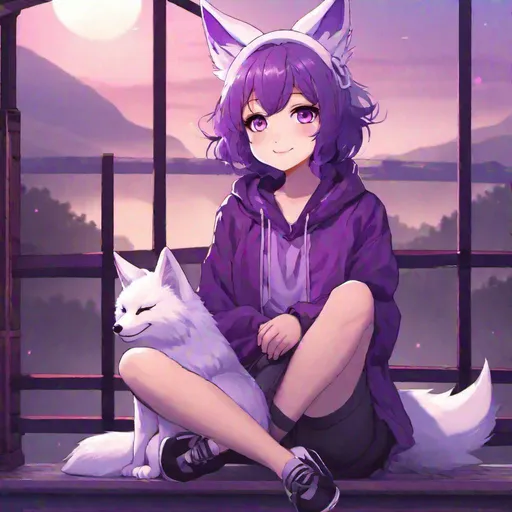 Prompt: insane, cute anime girl with purple, short, wavy hair sitting on a bridge with a fluffy, white and purple kitsune sitting on her lap, smiling, foggy background, zoomed out, aesthetic mask, scars, HD, 4K, vibrant purple colors that clash with dull background, the love of my life