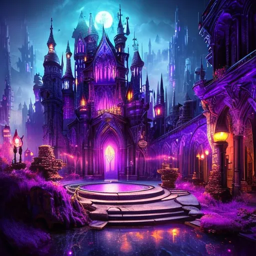 Prompt: HD, 4K, 3D, Stunning, magic, cinematic camera, two-point perspective,gothic elf city, underground city,purple and black, magic purple light, dark purple ambient,gorgeous fantasy city