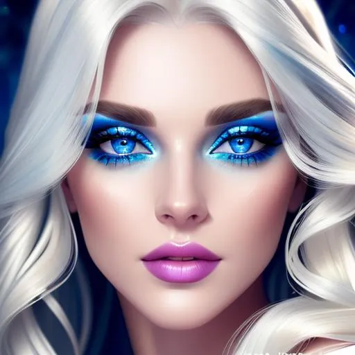 Prompt: Beautiful ethereal woman, long blonde hair,and icy blue eyes color, heavy makeup, facial closeup