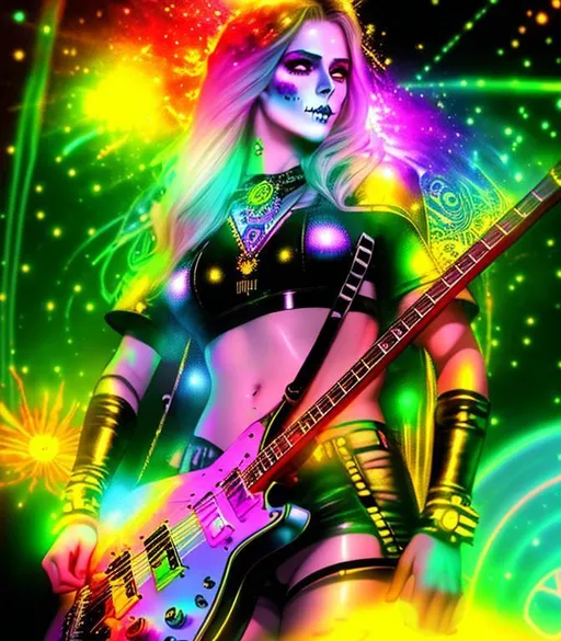 Prompt: psychedelic cinematic, Nebula, 3D, HD, {Beautiful Sugarskull}Goddess as Guitarist liquid gold green silver red black, expansive Stage background, laser, colorful ink chaos, hyper realistic, 8K --s98500