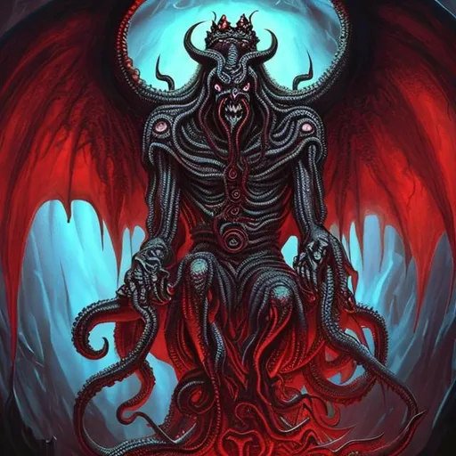Prompt: lovecraftian glowing strong looking demon king asmodeus