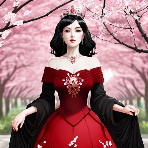 Prompt: regal queen with black hair, wearing a red dress surrounded by cherry blossoms
