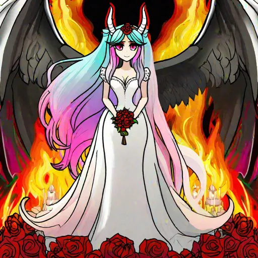 Prompt: Haley  as a demon horse hybrid (bright multi-color hair) (multi-color eyes) wearing a wedding dress (demon tail) (black demon wings) standing at the altar in hell
