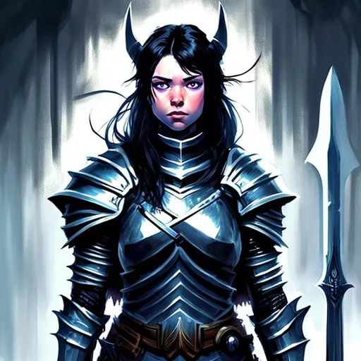 Prompt: dnd art, Kind serious female knight, Spear, black hair, portrait