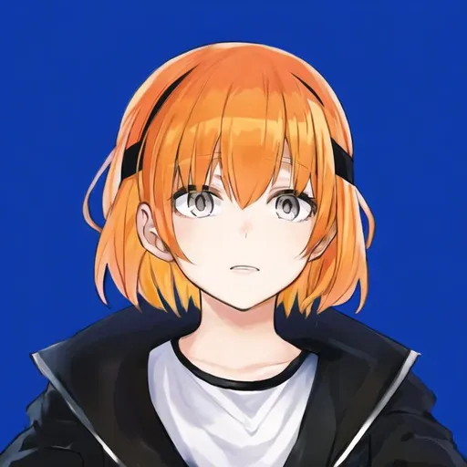 Prompt: Portrait of a cute girl with short, orange hair and grey eyes wearing a headband, white shirt, and black jacket 