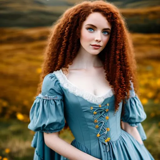 Prompt: Raw hd 
Cottagecore scotland lass red long curly hair, yellow ambar eyes, pale skin with freckes 
Dressing like 18th century blue gown