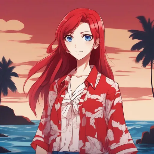 Prompt: Anime Style, young adult female, wearing red Hawaiian shirt, with long blood-red hair, blue eyes, with a red ocean in the background.
