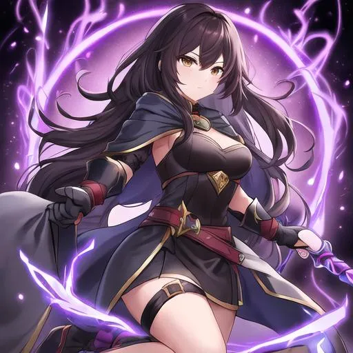 Prompt: female human shadow sorcerer fighting in a magic battle. lean, athletic build and flowing dark brown hair.  She is small bosomed. 

She wears a long cloak made of dark gray wool, lined with gray fur. Brown undershirt. leather bodice, dark gray skirt. knee-high boots.
league of legends character art.