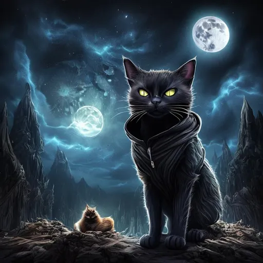 Prompt: A dark cat, look like human. cloth with hoody, high technology setting, develop world and mine, middle of the night beautiful dark sky with full moon that shinning