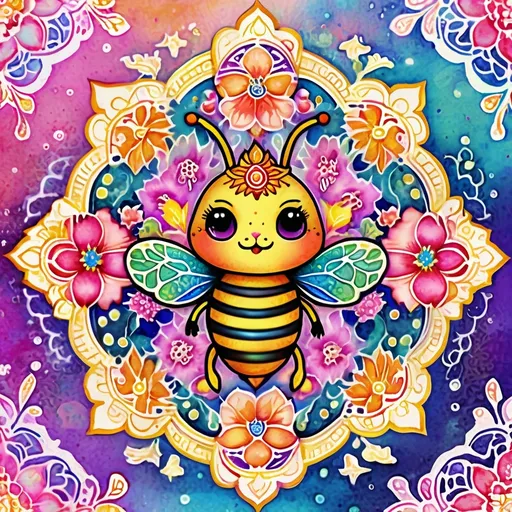 Prompt: Kawaii, watercolor, kawaii bee, flowers, decorated with Henna art inspired patterns, embellishments and Flourishes, bright vibrant colors, Highly detailed, popping vibrant colors, Gradient Colors, Intricate details, Highly textured, spiritual symbols of  Hindu, Buddhist, Jainism, Shinto, Bengali, Celtic, and Arabic geometric and whimsical patterns, Kawaii, watercolor, bunny, flowers, decorated with Henna art inspired patterns, embellishments and Flourishes, bright vibrant colors, Highly detailed, popping vibrant colors, Gradient Colors, Intricate details, Highly textured, spiritual symbols of mandalas with Hindu, Buddhist, Jainism, Shinto, Bengali, Celtic, and Arabic geometric and whimsical patterns with dots, dashes, swirls, loops, zigzags, lines.