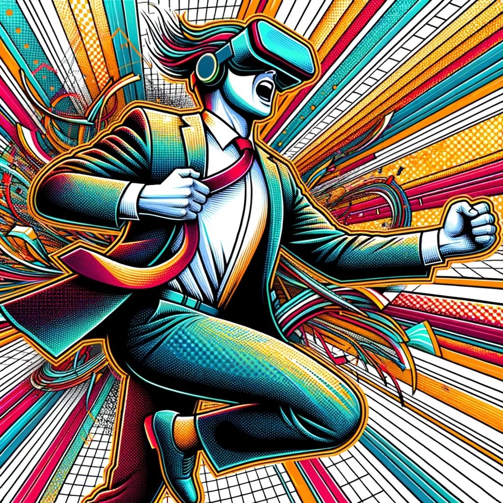 Prompt: Illustration of a man energetically dancing while wearing a virtual reality headset, depicted with radiant color transitions, reminiscent of neo-pop art, with intricate textures and a grid overlay.