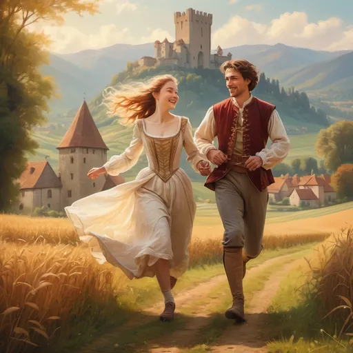 Prompt: loving couple running in the fields, medieval tower in the background, majestic mountains, rich 15th-century historical details, soft and warm color tones, whimsical ambiance, romantic and nostalgic atmosphere, elaborate clothing with period-correct outfits, impressionistic painting style, vibrant brush strokes, ultra-detailed, enchanting sunlight spilling across the landscape, creating a dreamy masterpiece.