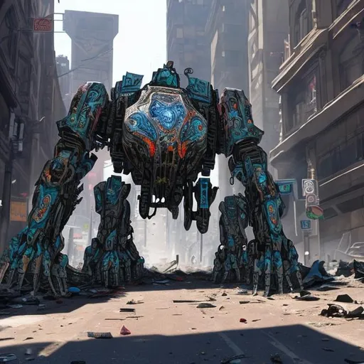 Prompt: paisley painted  destroyed mech without a arms in the middle of a city.