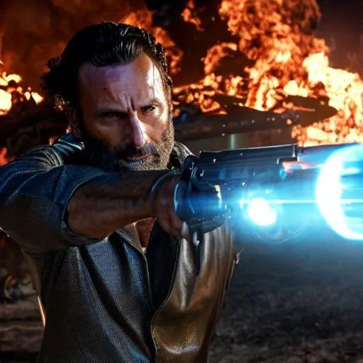 Prompt: Rick Grimes with a magnum revolver fighting Doomslayer in Hell