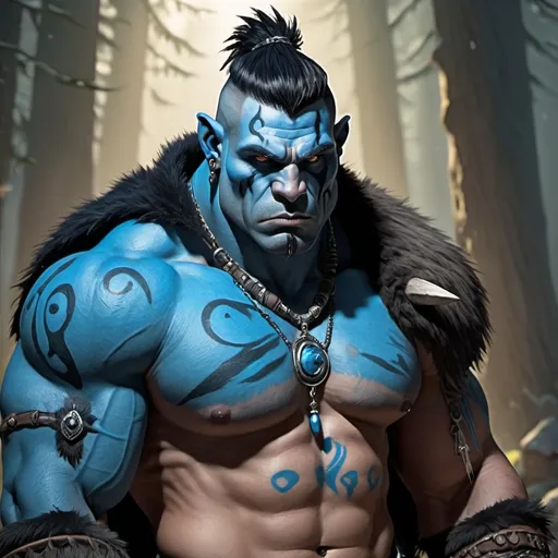 Prompt: Muscular Half-Orc Barbarian with black mohawk haircut and a huge blue bear tribal tattoo on his right shoulder. Wears a blue bear skin cloak and bear-claw necklace.