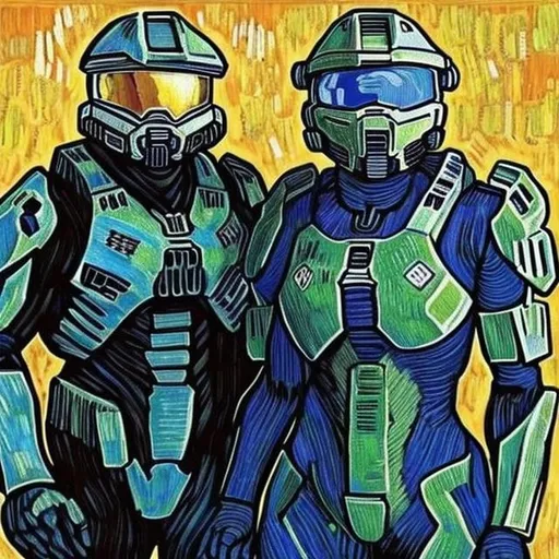 Prompt: Master Chief and Cortana
painted in the style of Van Gogh