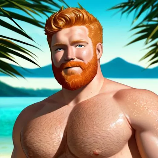 Prompt: A cinematic photo-realistic accurate authentic full body portrait of a blonde red-bearded muscular swimmer, his face is completely accurately detailed and model perfect, he looks like he is posing for a magazine spread, he is wearing teal green speedo swim briefs and standing on a white sand beach at noon with a bamboo forest in the distance behind him. he is smiling to the camera, the camera loves his face