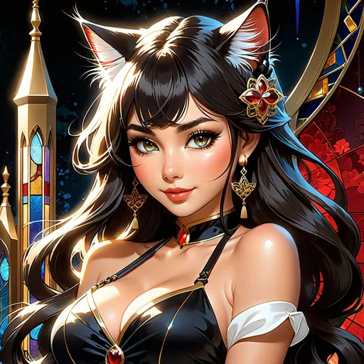 Prompt: Cat Eyes big fluffy cat Ears braided hair woman Cat Eyes cat, cute smile on face, mail art, fantasy, fairytale, detailed splatter ink, dynamic poster, comic style art, black colors, saint praying, closed eyes, POV from front, perfect beauty, light from above, detail face, massive chest, dress, red lips are full, long-cream hairstyle, big chest, anime, mysterious, clear, smooth and gorgeous, (background: in front altar), calm expression, mysterious, dynamic pose, light on face, shadow play, perfect face, sharp glowing perfect eyes, by James Jean, Craola, Andy Kehoe, Dorian Vallejo, Damian Lechoszest, Todd Lockwood, patchwork, stained glass,  storybook illustration, highly detailed unusual  beautiful details, intricate pose, tiny details, masterpiece, high quality, intricate lighting, luminism, 
Artgerm, Greg rutkowski, Alphonse Mucha, Award Winning Work, face looks like Madison Beer, very tan, outer glowing with light, dark themed background