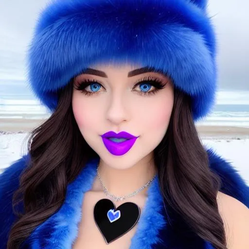 Prompt: Selena Gomez, eating candy ice cream, blue lipstick, snowy beach, blue heart necklaces, Thick blue fur coat, Black Cape, pleasant face, blue eyes, Black-purple eyeshadow, long ice earrings. Cold color scheme, ultradetailed, 8k resolution, perfect, smooth, high quality, shiny. 