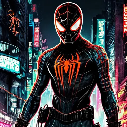 Prompt: Gritty Todd McFarlane style black and neon Spiderman. Full body. Gritty, futuristic army-trained villain. Bloody. Hurt. Damaged. Accurate. realistic. evil eyes. Slow exposure. Detailed. Dirty. Dark and gritty. Post-apocalyptic Neo Tokyo .Futuristic. Shadows. Armed. Fanatic. Intense. 