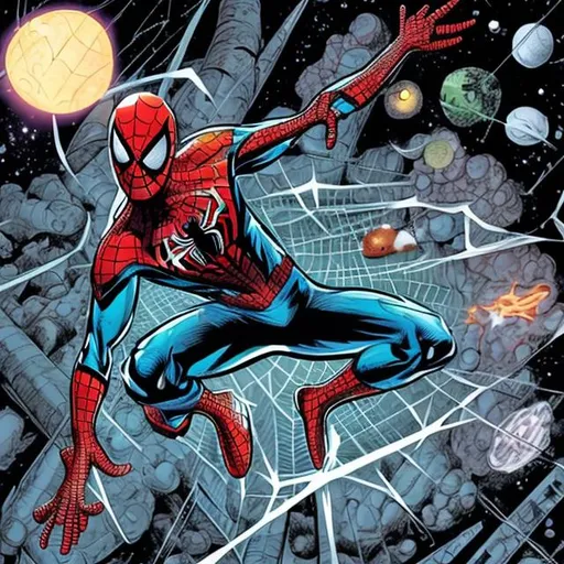 Prompt: Spider man fighting a intergalactic dinesor