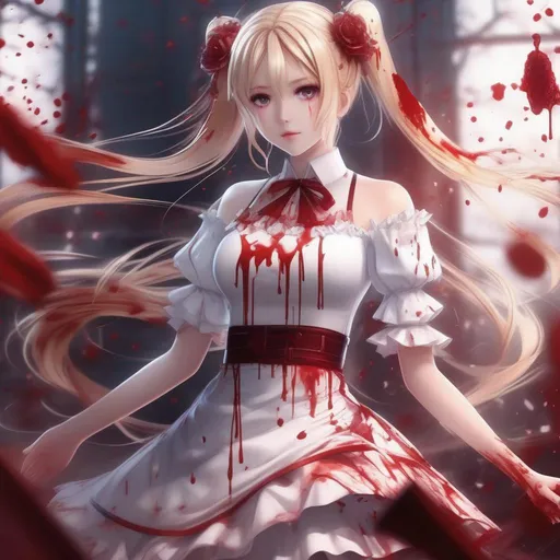 Prompt: 3d anime woman covered in blood blonde pigtails hair and white dress covered in blood and beautiful pretty art 4k full HD
