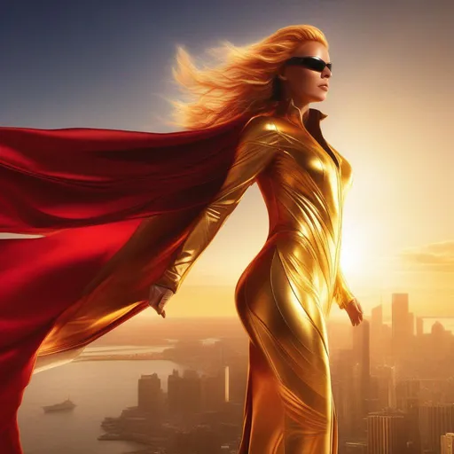 Prompt: Photorealistic image of the superheroine Solar Flare, flowing cape billowing in the wind as she soars over the city skyline. The sun casts a warm, radiant glow on the red and gold suit, enhancing its bio-luminescence texture, retracted visor revealing her a determined expression. The city below is bathed in a soft, golden light, creating a stunning contrast with Solar Flare's powerful presence.