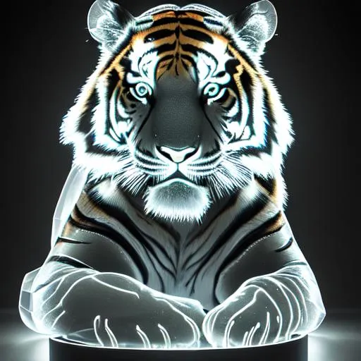 Prompt: a smooth transparent clear crystal sculpture of a beautiful tiger appears to be wrapped around with smooth streaks of random lightning bolt in total darkness by Christian W. Staudinger, featured on cg society, perfect composition, black background, darkness, holography, backlight, transparent crystal, chiaroscuro, bioluminescence, opalescent, iridescent, x-ray hologram | 3d octane render | octane lighting | dream fantasy | centered | octane render artstation trending 8k ultra-detailed  | sharp focus golden ratio | Disney Pixar Dreamworks 