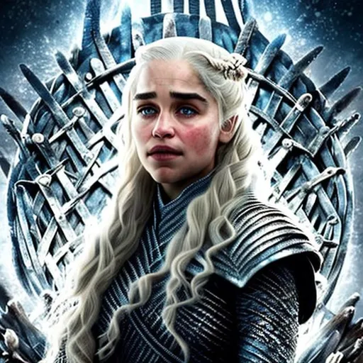 Prompt: (profile head portrait) (location: throne room) Daenerys Targaryen, white long braided hair, narrow eyebrows, straight nose, natural-colored lips. Detail of the Iron Throne in the background. In the style of Luis Royo. Hype realistic, splash art, concept art, mid shot, extreme, intricately detailed, color depth, dramatic, 2/3 face angle, side light, colorful background
