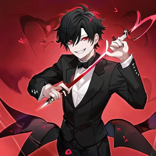 Prompt: Damien (male, short black hair, red eyes) grinning seductively, holding a knife, hearts around him
