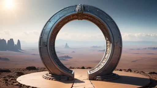 Prompt: circular portal, gateway from one world to an alien world, ring, ring standing on edge, freestanding ring, complete ring, panoramic view