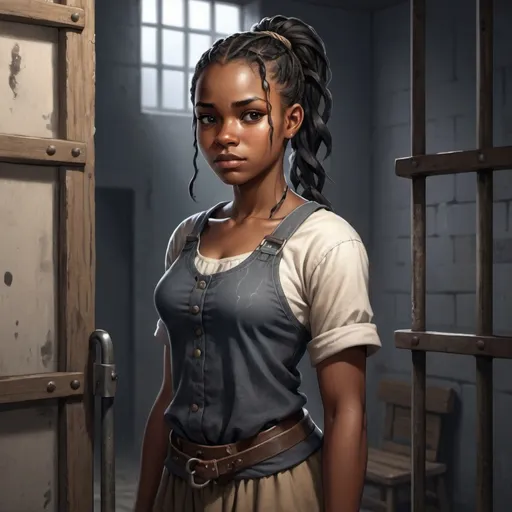 Prompt: Full body, Fantasy illustration of a black female farmgirl, 18 years old, beautiful, black skin, ponytail, fearfull expression, high quality, rpg-fantasy, detailed, in a prison cell